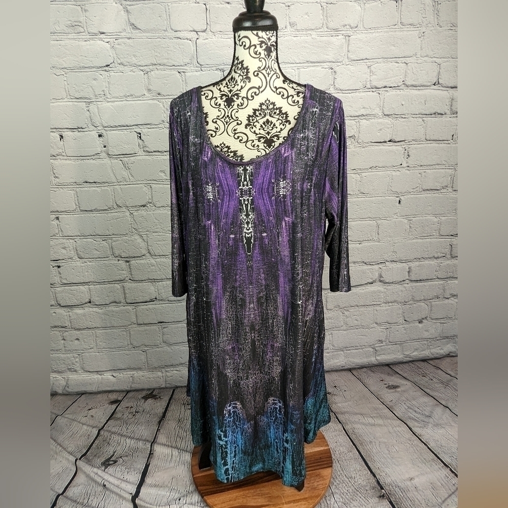 Simply Aster Women's Long Sleeve Stretch Knit Geometric Print Dress Sz 2x b20a
